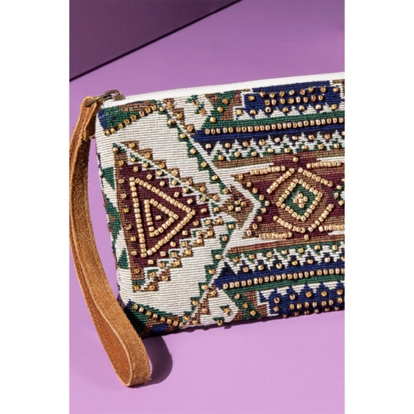 Handmade Cairo Western Boho Ethnic Pattern Beaded Jacquard Wristlet Clutch - Picture 4 of 7